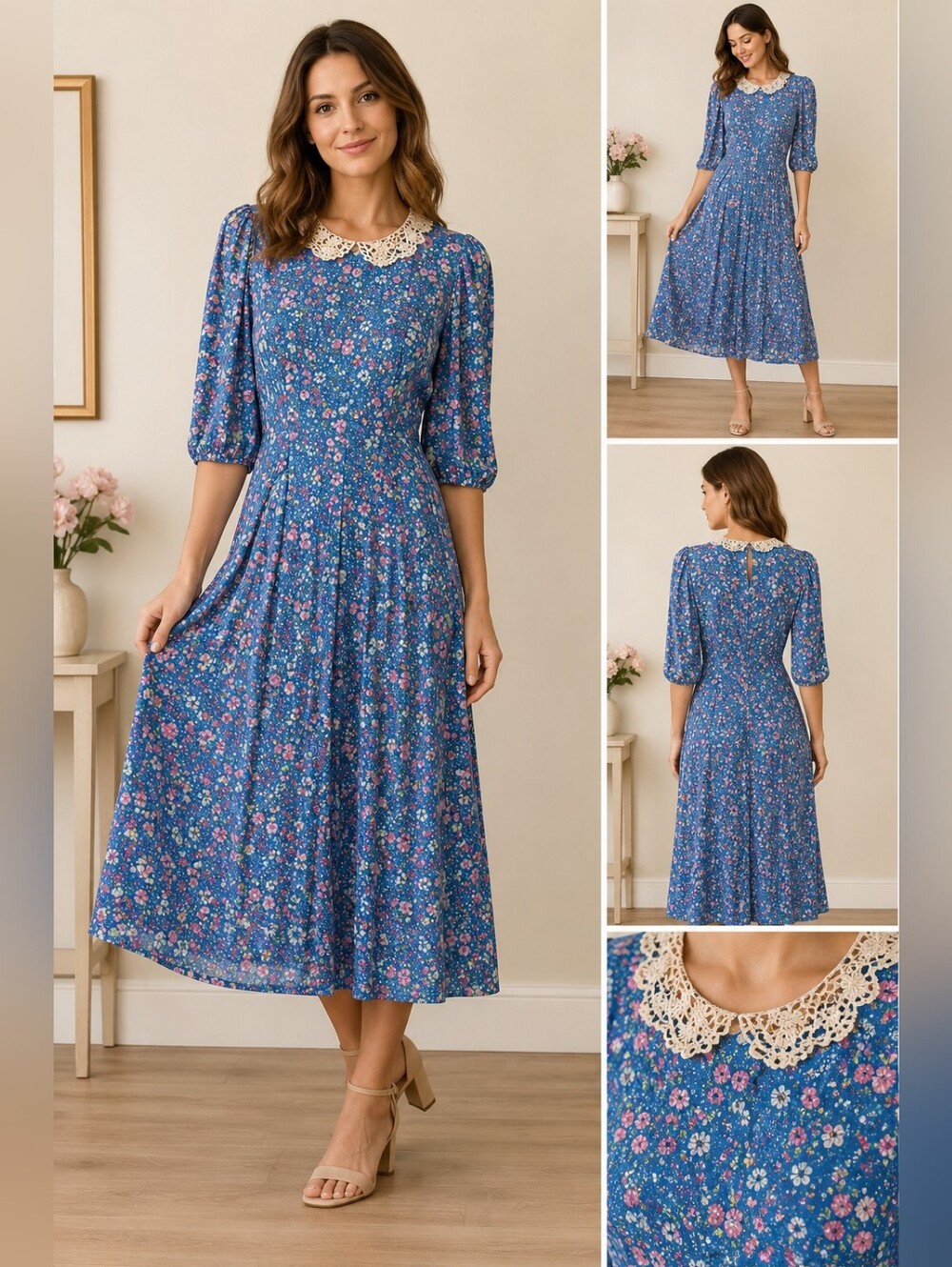 Vintage Belle France Blue Floral Lace Collar Midi Dress Cottagecore Sz 6 Modest